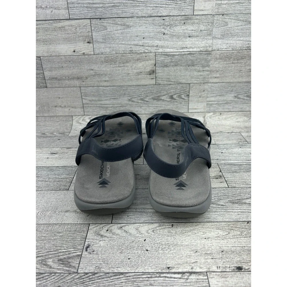 Skechers Reggae Slim Vacay Navy Blue Strappy Memory Foam Sandals Women Sz 8